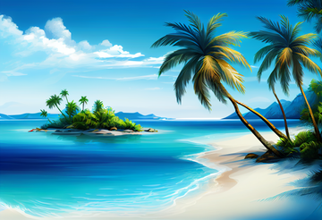 Escape to Paradise: Airbrushed Tropical Beach Print with Clear Blue Ocean and Palm Trees