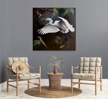 Elegant Egret in Flight: A Stunning Airbrushed Print of Nature's Beauty