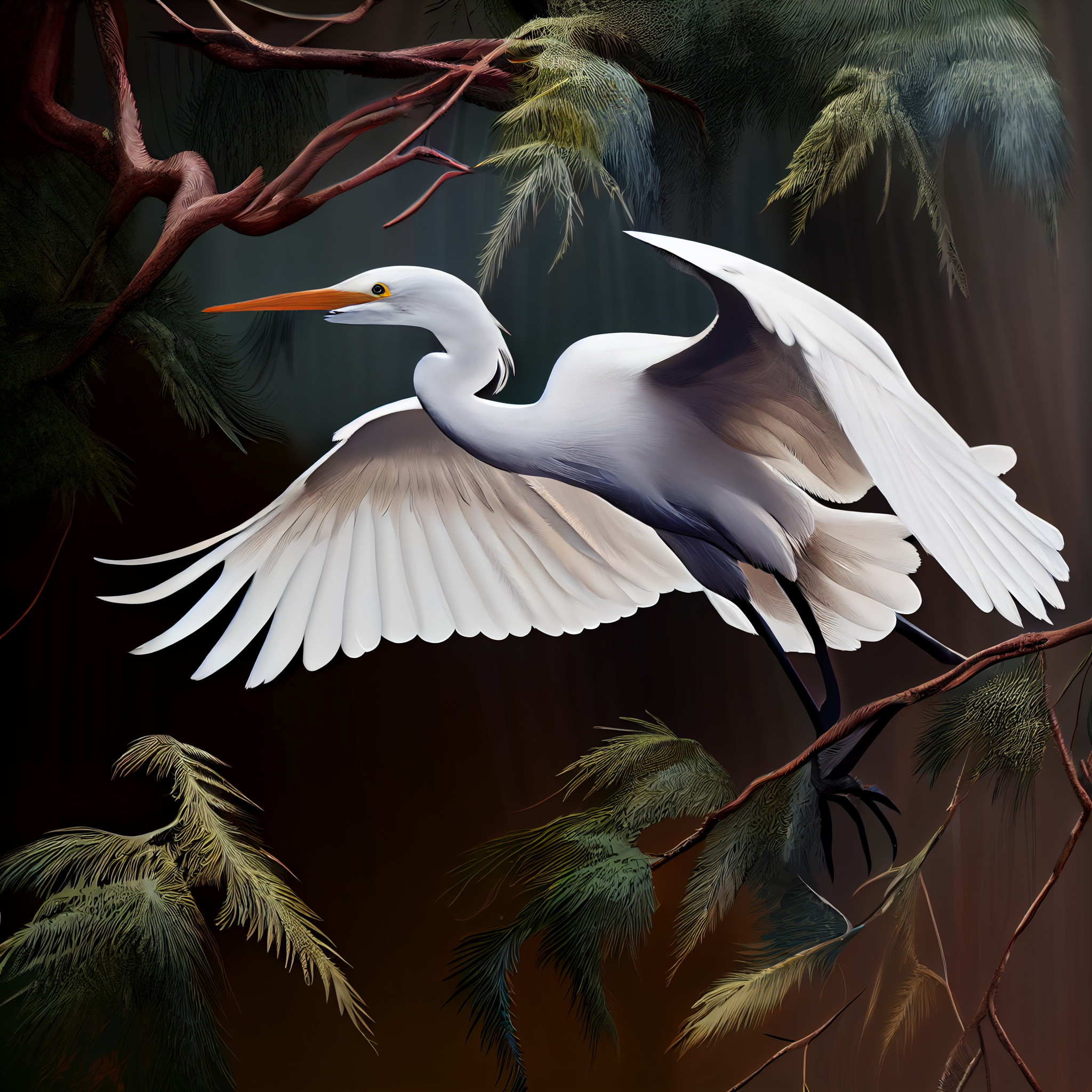 Elegant Egret in Flight: A Stunning Airbrushed Print of Nature's Beauty