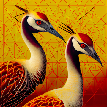 Red-Eyed Cranes: An Airbrush Painting Print on a Linen-Looking Yellow Background with a Unique Grid Effect