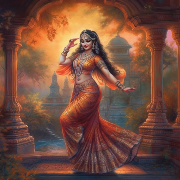 Divine Dance: An Airbrushed Color Print of Goddess Radha in a Vibrant Orange Saree, Amidst a Serene Temple Setting