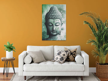 Serene Reflection: An Airbrushed Print of Lord Buddha's Half Face in Hues of Green and White