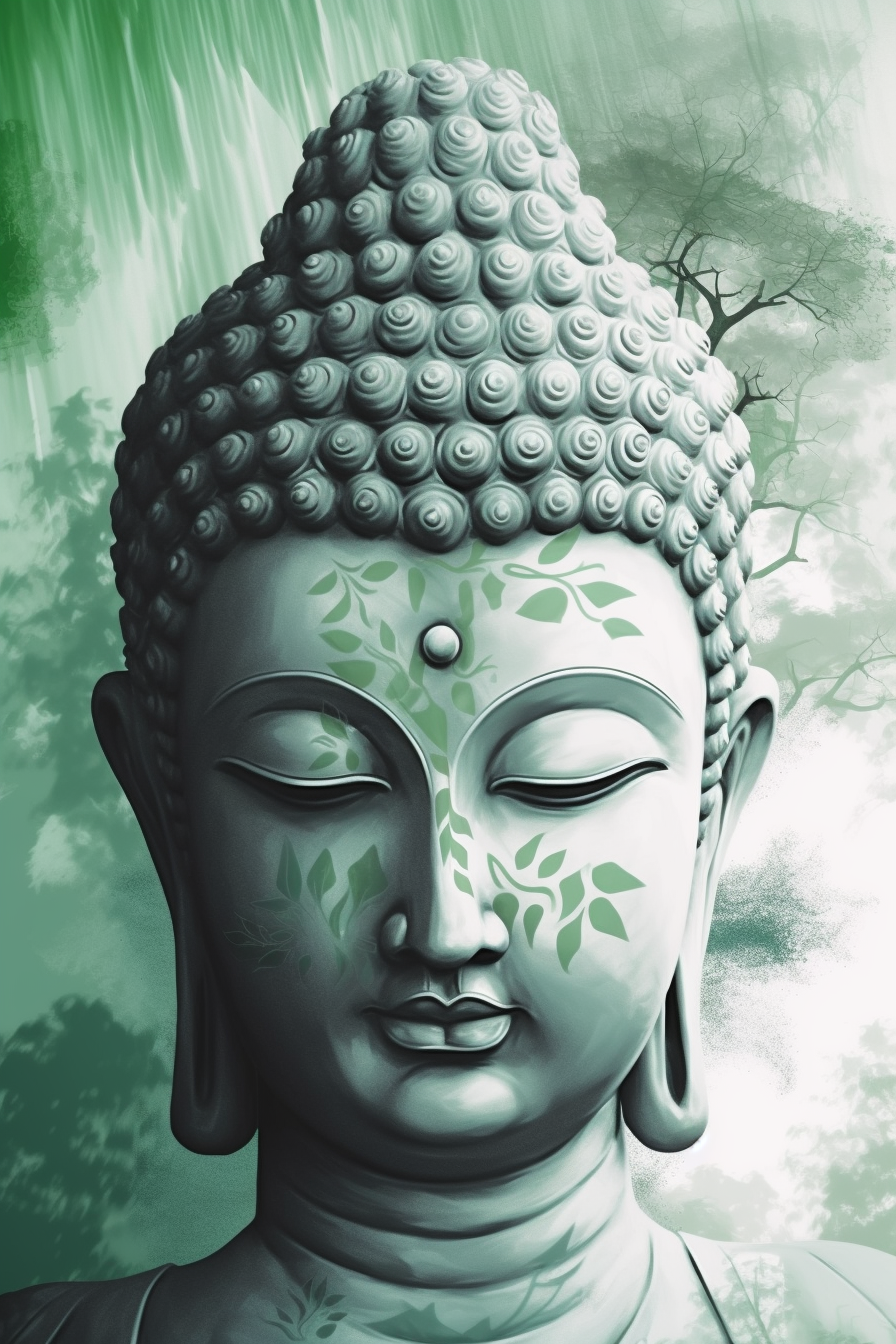Serene Reflection: An Airbrushed Print of Lord Buddha's Half Face in Hues of Green and White
