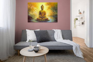 Golden Serenity: An Airbrush Print of Lord Buddha Meditating in Shades of Yellow