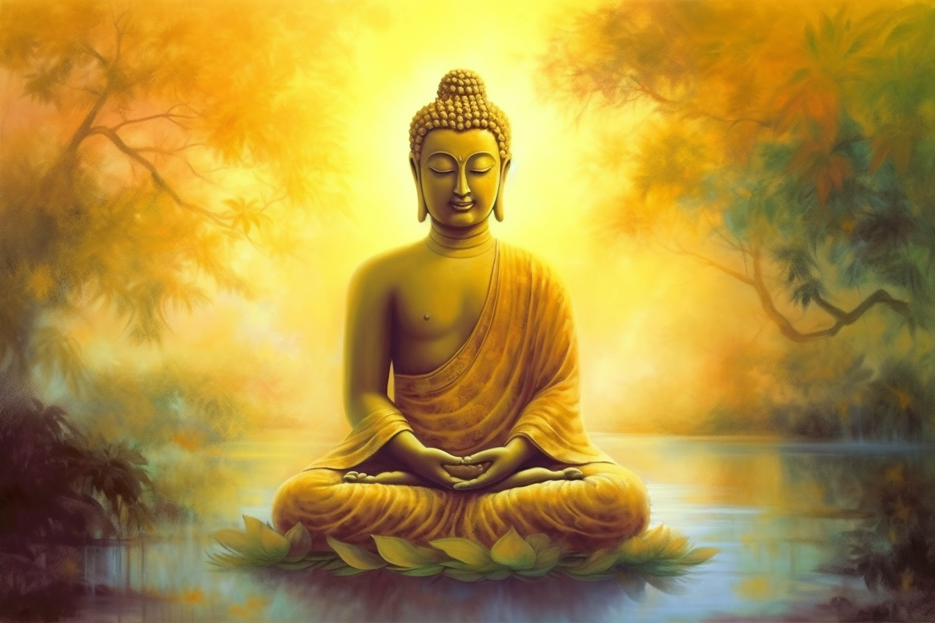 Golden Serenity: An Airbrush Print of Lord Buddha Meditating in Shades of Yellow