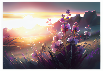 Radiant Dawn: A Stunning Airbrush Art Print of Purple Flowers and Sunrise Sunbeams on a Meadow