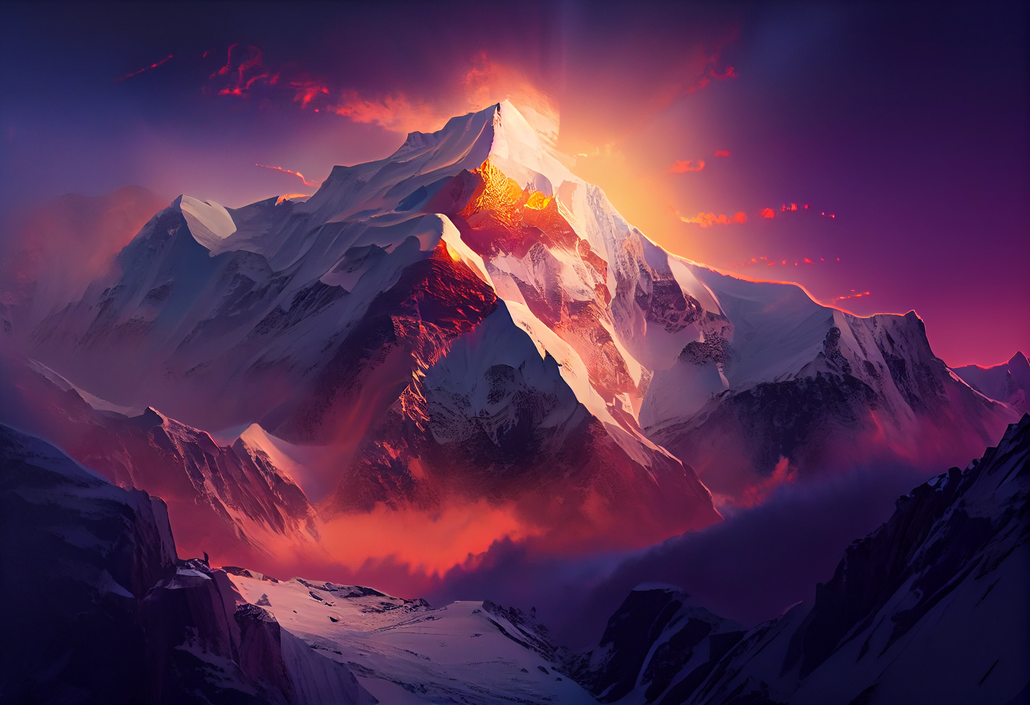 A Dreamy Airbrush Print of Sunrise on Mount Everest with Beautiful Sunbeams Illuminating the Majestic Mountains