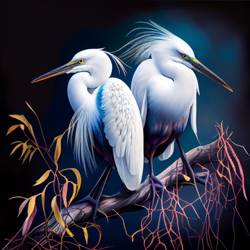 A Stunning Airbrush Print of Two majestic Egrets Perched on a Serene Branch