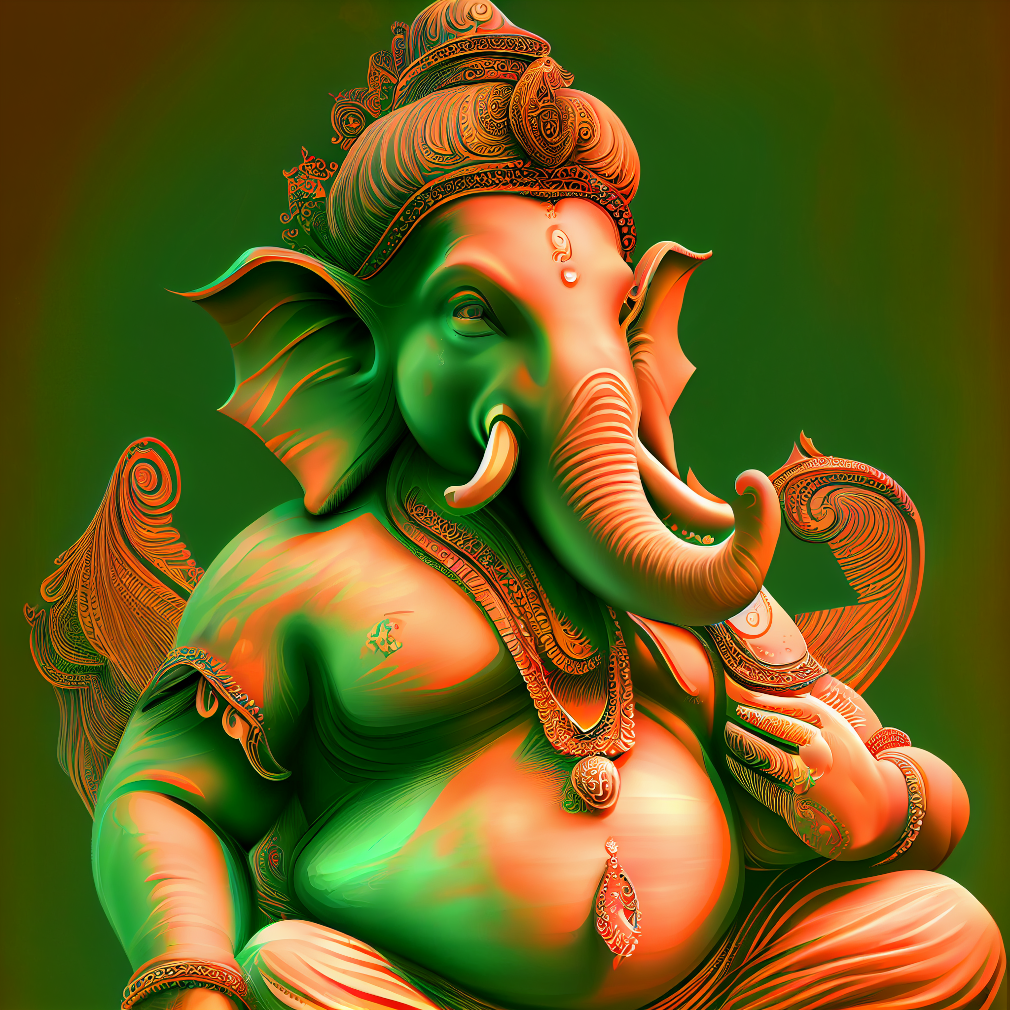 Radiant Blessings: Airbrush Art Print of Hindu Lord Ganesh in Pastel Orange on Light Green Background with Backlighting