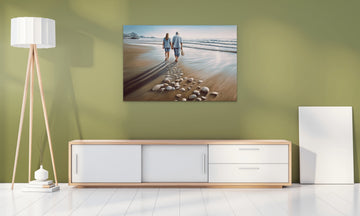 Seaside Serenity: A Hyperrealistic Oil Color Print of a Grandfather and Granddaughter Strolling Hand in Hand on the Sandy Seashore, Surrounded by Sea Shells.