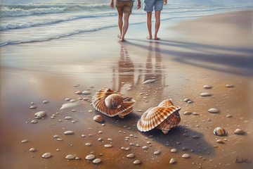 Hyperrealistic Oil Color Print of a Romantic Couple Walking Along the Shoreline, Admiring Seashells and Feeling the Soft Sand Beneath Their Feet