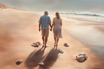 Hyperrealistic Oil Color Print of Elderly Couple Walking Hand in Hand on the Beach, Amidst a Beautiful Collection of Seashells