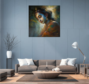 The Divine Masterpiece: A Stunning Airbrushed Oil Color Portrait Print of Lord Krishna