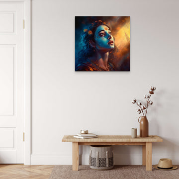 Divine Reverie: A Hyper-realistic Airbrush Print of Lord Krishna Lost in Dreamy Contemplation Under a Starlit Sky
