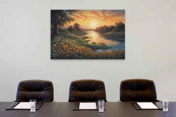 Serene Sunrise by the Riverside: A Hyperrealistic Airbrush Oil Color Print
