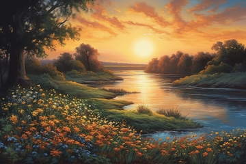 Serene Sunrise by the Riverside: A Hyperrealistic Airbrush Oil Color Print