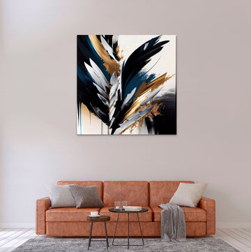 Harmony in Brushstrokes: An Abstract Canvas in Blue, Grey, White, Black, and Golden Hues