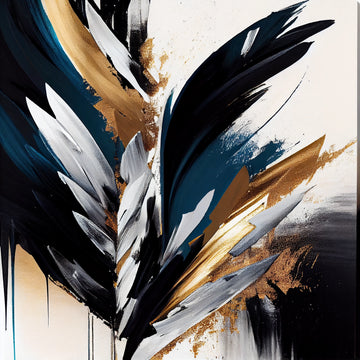 Harmony in Brushstrokes: An Abstract Canvas in Blue, Grey, White, Black, and Golden Hues