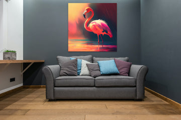 Radiant Flamingo by the Water: A Captivating Acrylic Color Print with Sunbeams
