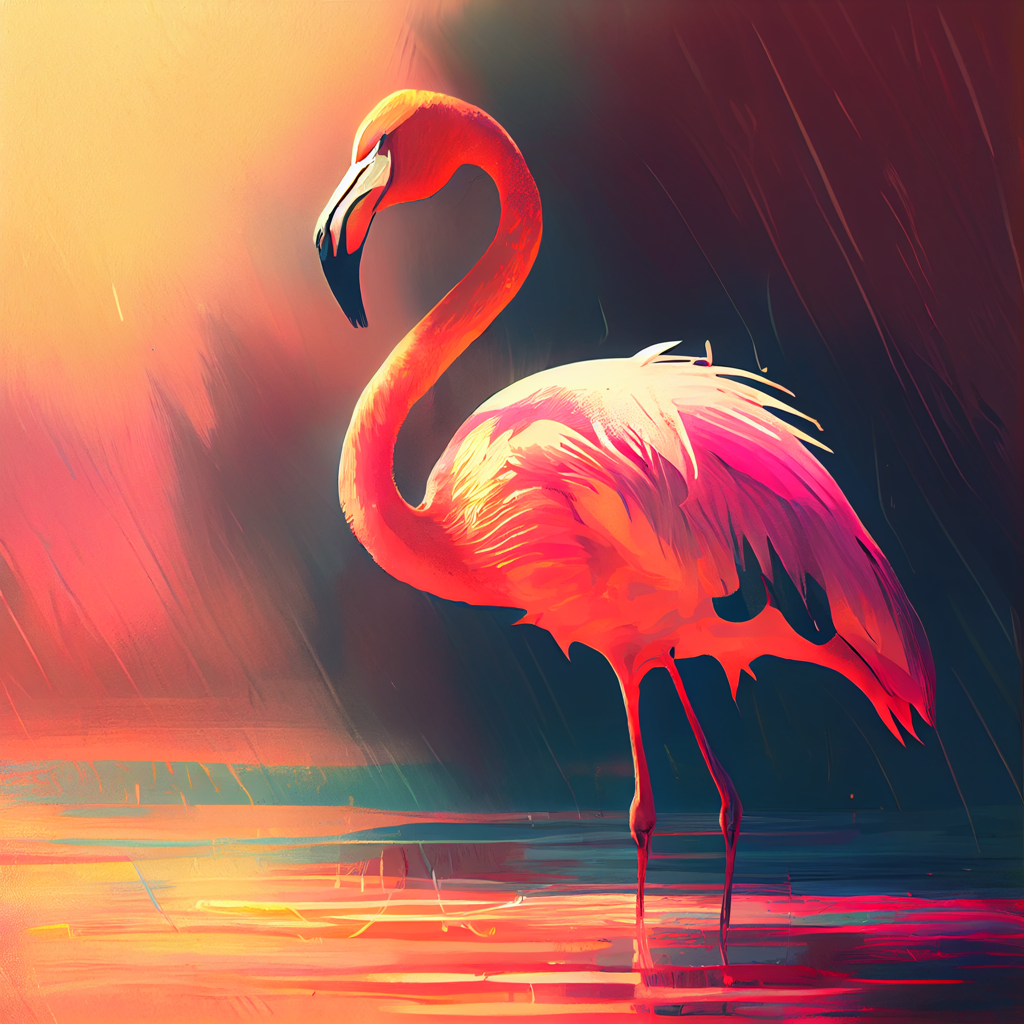 Radiant Flamingo by the Water: A Captivating Acrylic Color Print with Sunbeams