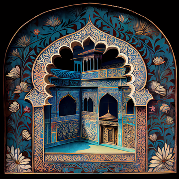 Blue Hues and Intricate Details: An Acrylic Print of a Mughal Jharokha