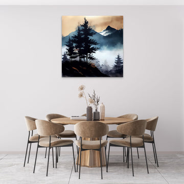 Misty Mountain Serenity: Winslow Homer-inspired Acrylic Painting Print of Foggy Mountains and Towering Trees