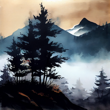 Misty Mountain Serenity: Winslow Homer-inspired Acrylic Painting Print of Foggy Mountains and Towering Trees