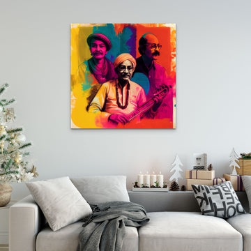 An Acrylic Painting Print of 3 Indian Musician Sitting