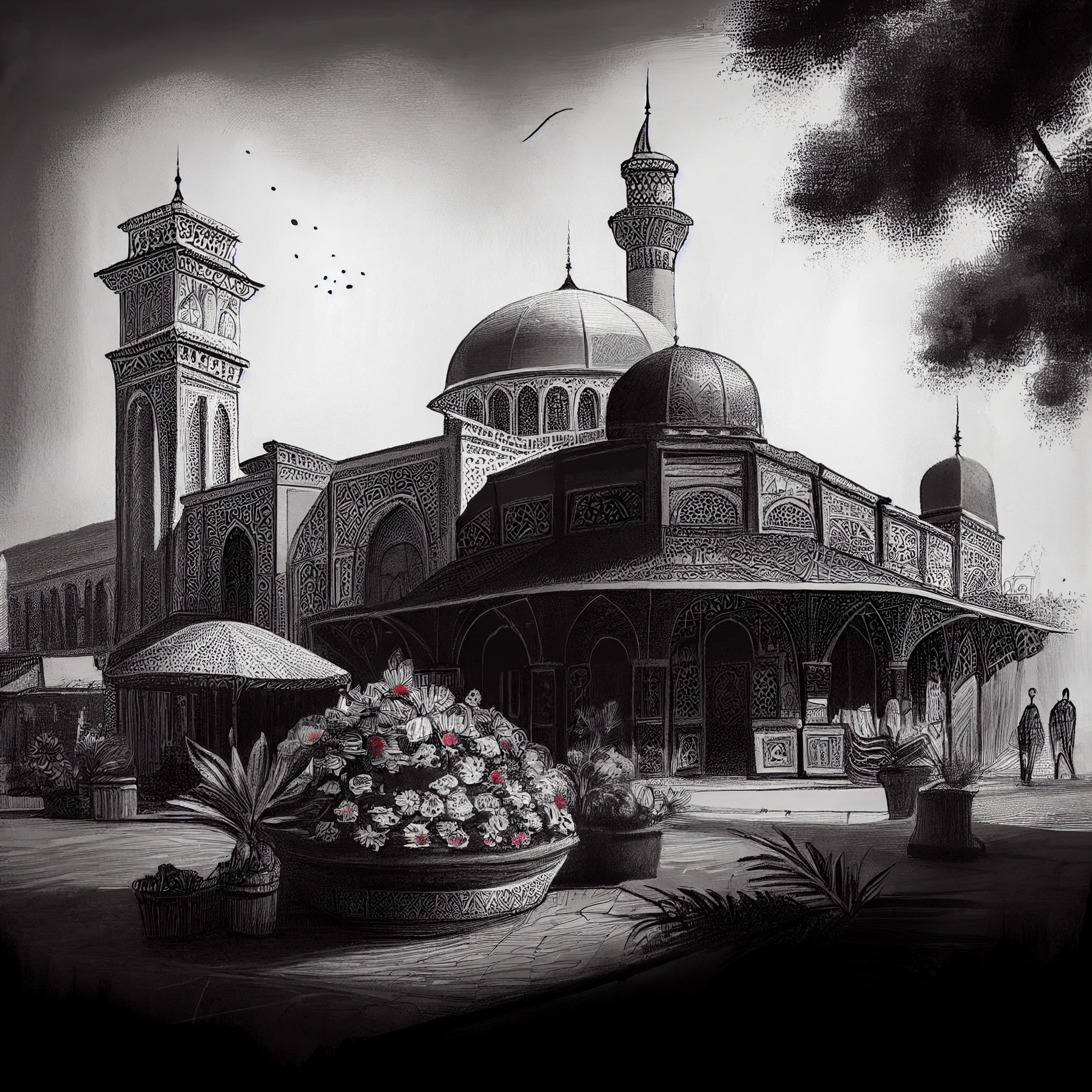 Flower Market at the Mosque: An Charcoal Art Print