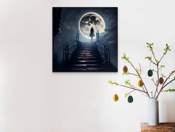 Ascending to the Ethereal: An Print of a Girl on a Staircase Ending in the Moonlight Sky