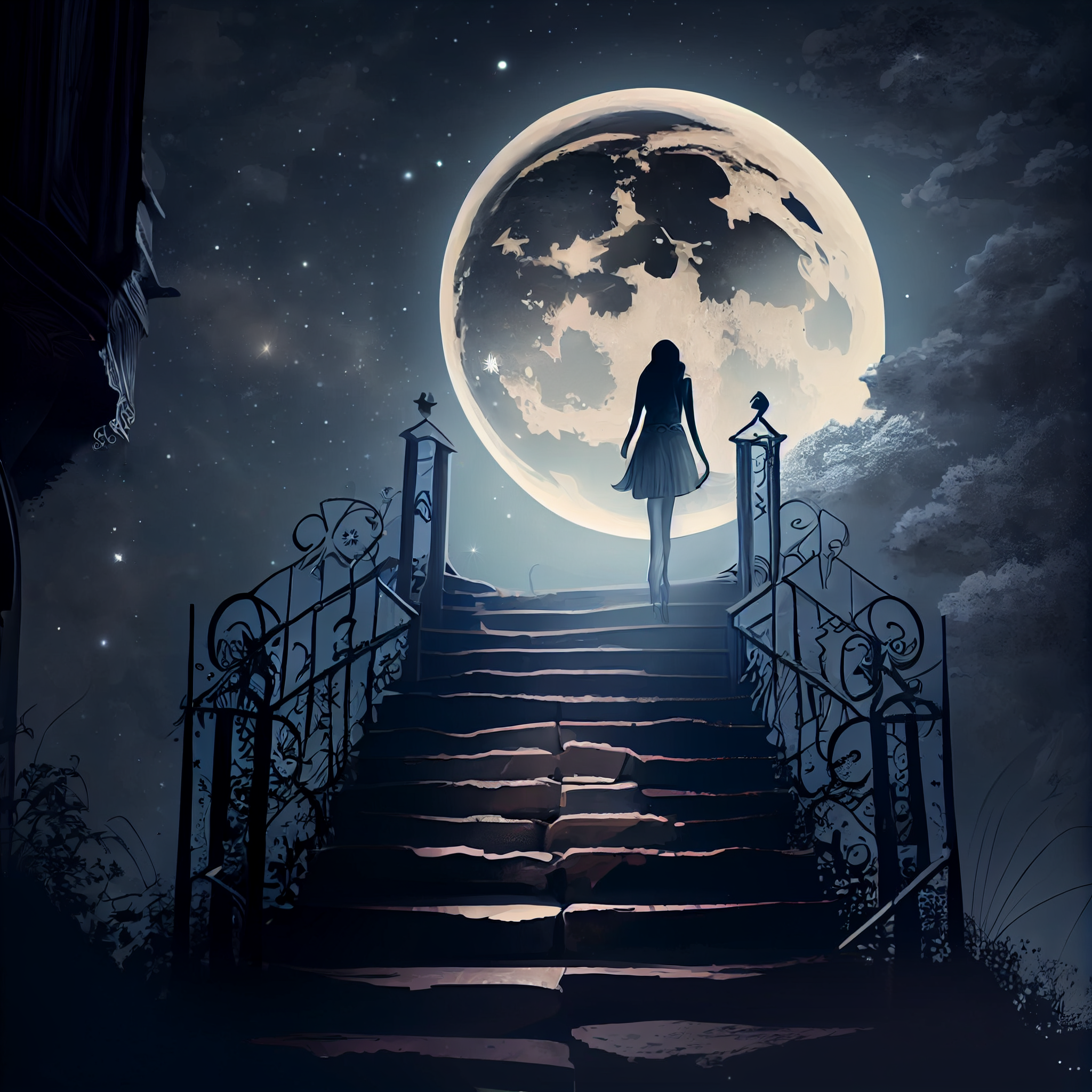 Ascending to the Ethereal: An Print of a Girl on a Staircase Ending in the Moonlight Sky