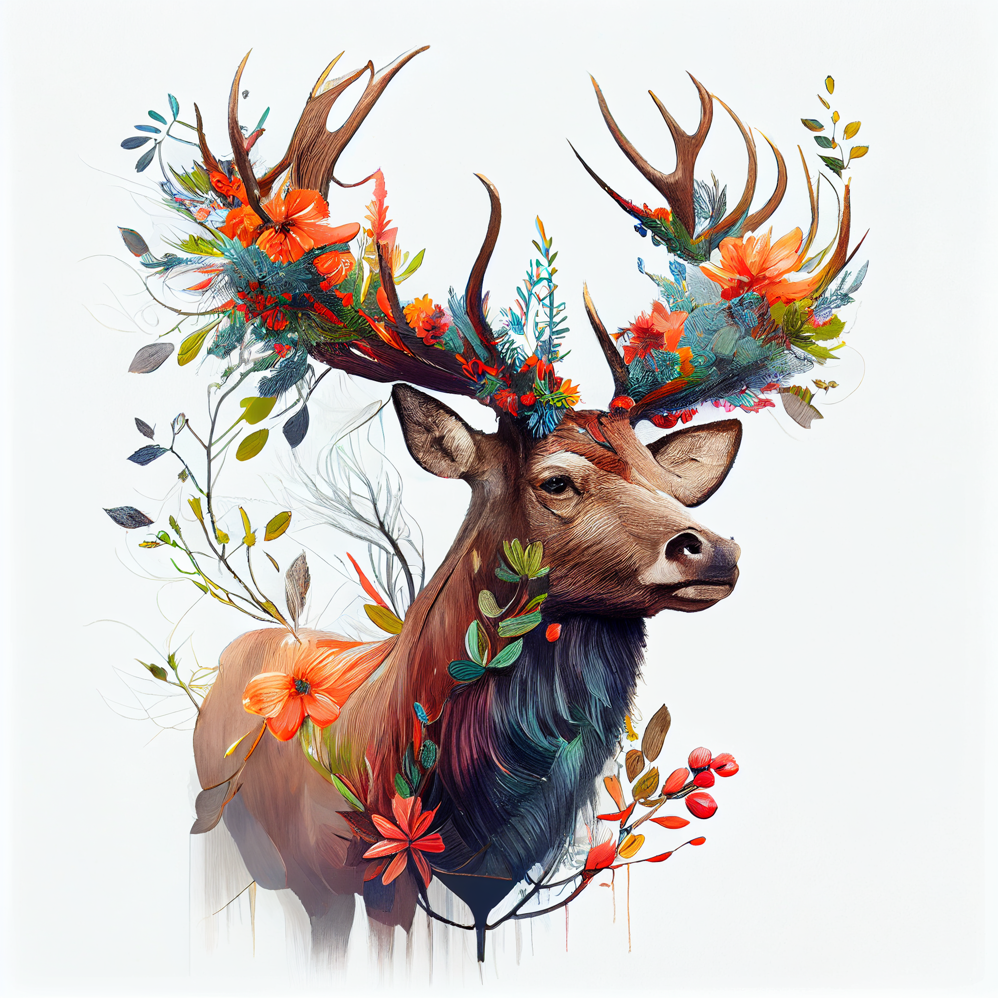 Whimsical Reindeer with Floral Antlers and Teak Wood Background in Vibrant Oil Colors