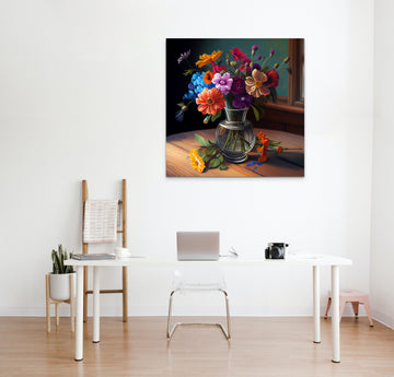 Blooming Beauty: An Oil Color Print of a Lively Bouquet on a Table