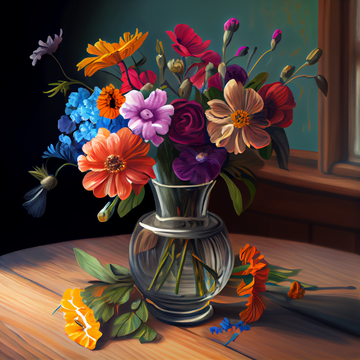 Blooming Beauty: An Oil Color Print of a Lively Bouquet on a Table