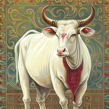Divine Beauty: Oil Color Print of Majestic Indian Cow with Batik Print Background - Perfect for Wall Art