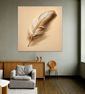 Graceful Feathers: A Stunning Oil Color Print of an Off-White Feather on a Chic Beige Background