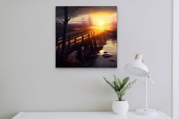 Sunset Serenity: An Oil Color Print of a Wooden Bridge Over a Moody River