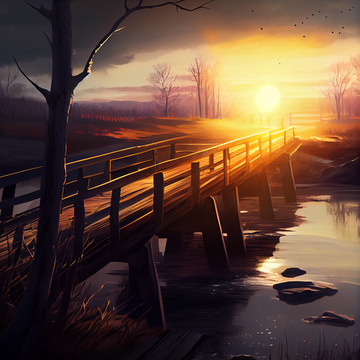 Sunset Serenity: An Oil Color Print of a Wooden Bridge Over a Moody River