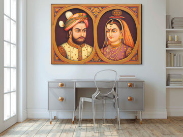Regal Romance: An Oil Color Print of a Mughal Emperor and Princess