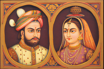 Regal Romance: An Oil Color Print of a Mughal Emperor and Princess