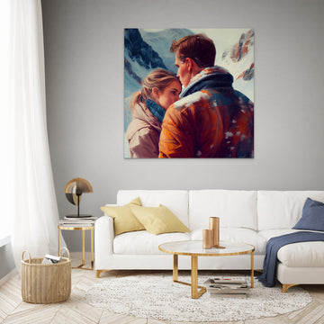 Snowy Mountain Romance: An Oil Print of a Beautiful Couple in Love