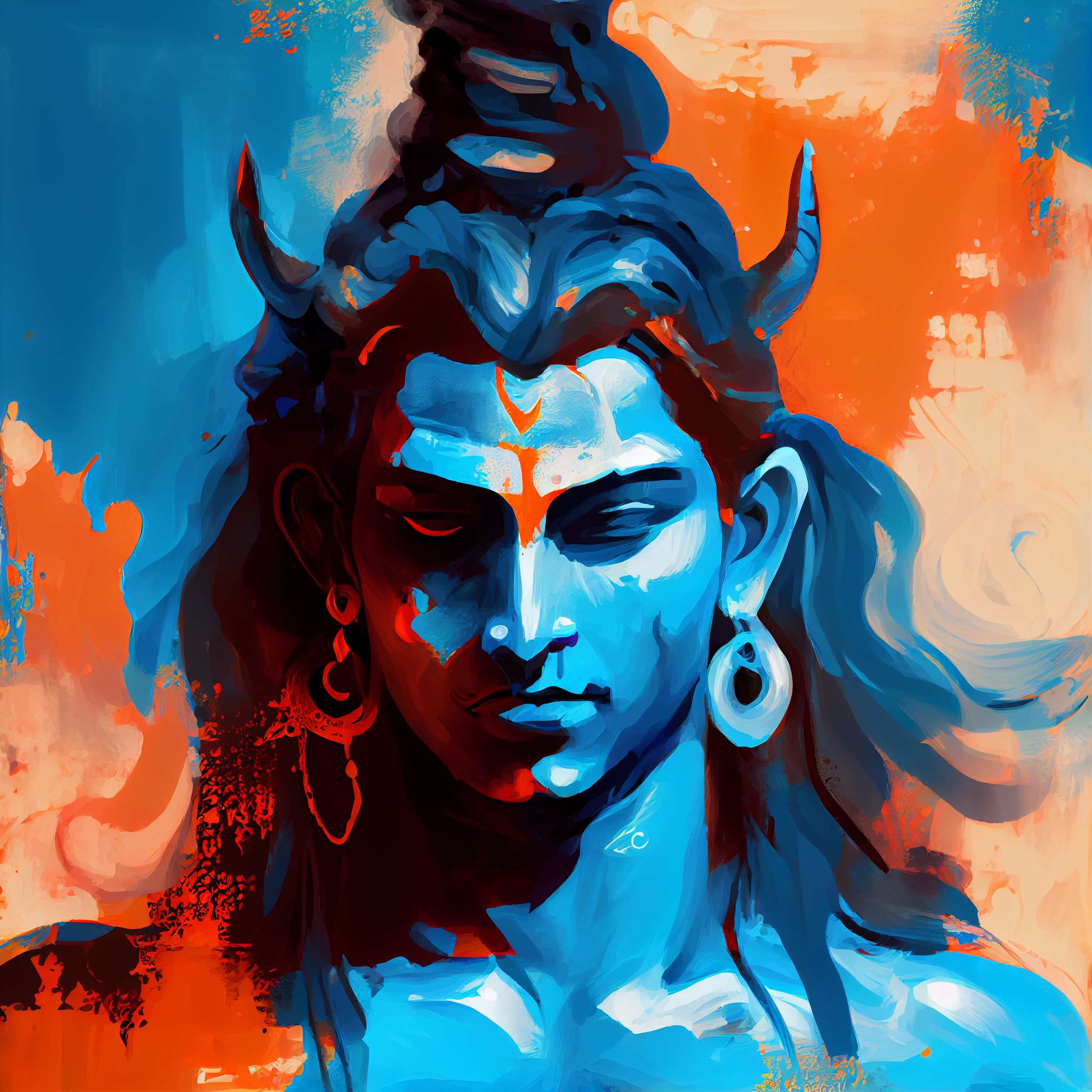 Meditative Blue: An Oil Paint Print of Lord Shiva in Deep Contemplation