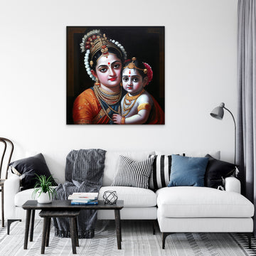 Experience the Divine Love of Lord Krishna and Mother Yashoda with this Exquisite Oil Painting Print - A Timeless Addition to Your Home Decor
