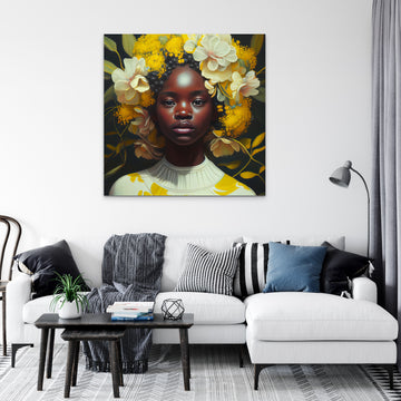 African Beauty: A Stunning Oil Painting Print of a Girl with Floral Head Covering
