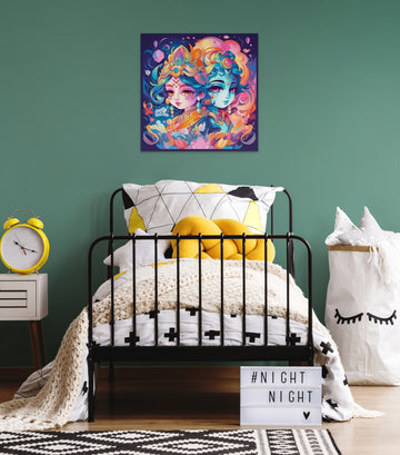 Acrylic Print of Baby Krishna and Radha's Adorable Faces in Anime Style