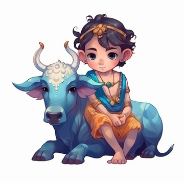 Divine Connection: A Stunning Anime Print of Little Lord Krishna and His Sacred Cow