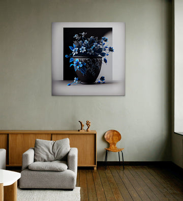 Blue and White Flowers in a Black Pot Art Print