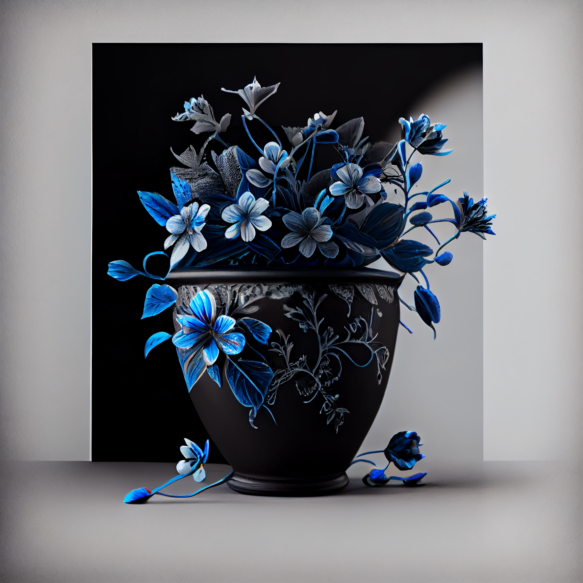 Blue and White Flowers in a Black Pot Art Print