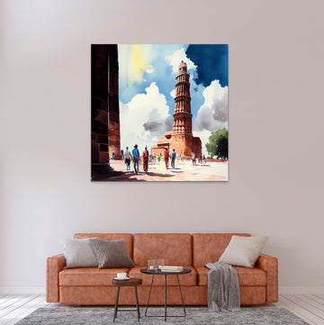 "Iconic Majesty: Artistic Depiction of Qutub Minar with Spectators - Capture the Timeless Beauty of India's Heritage in Your Home"