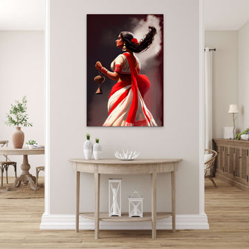 Graceful Moves: A Stunning Art Print of a Bengali Girl Dancing in a Red and White Saree